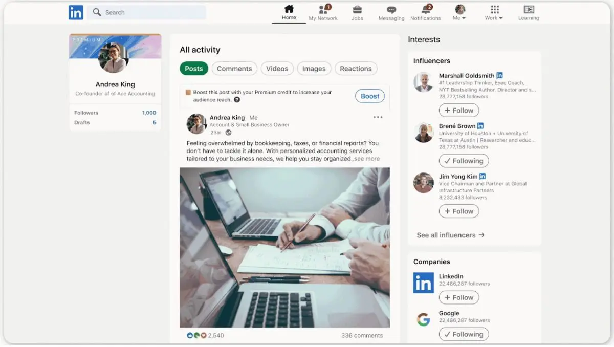 Captura de pantalla de ordenador que muestra la función de visibilidad de publicaciones en el plan Premiun All-in-One de LinkedIn.